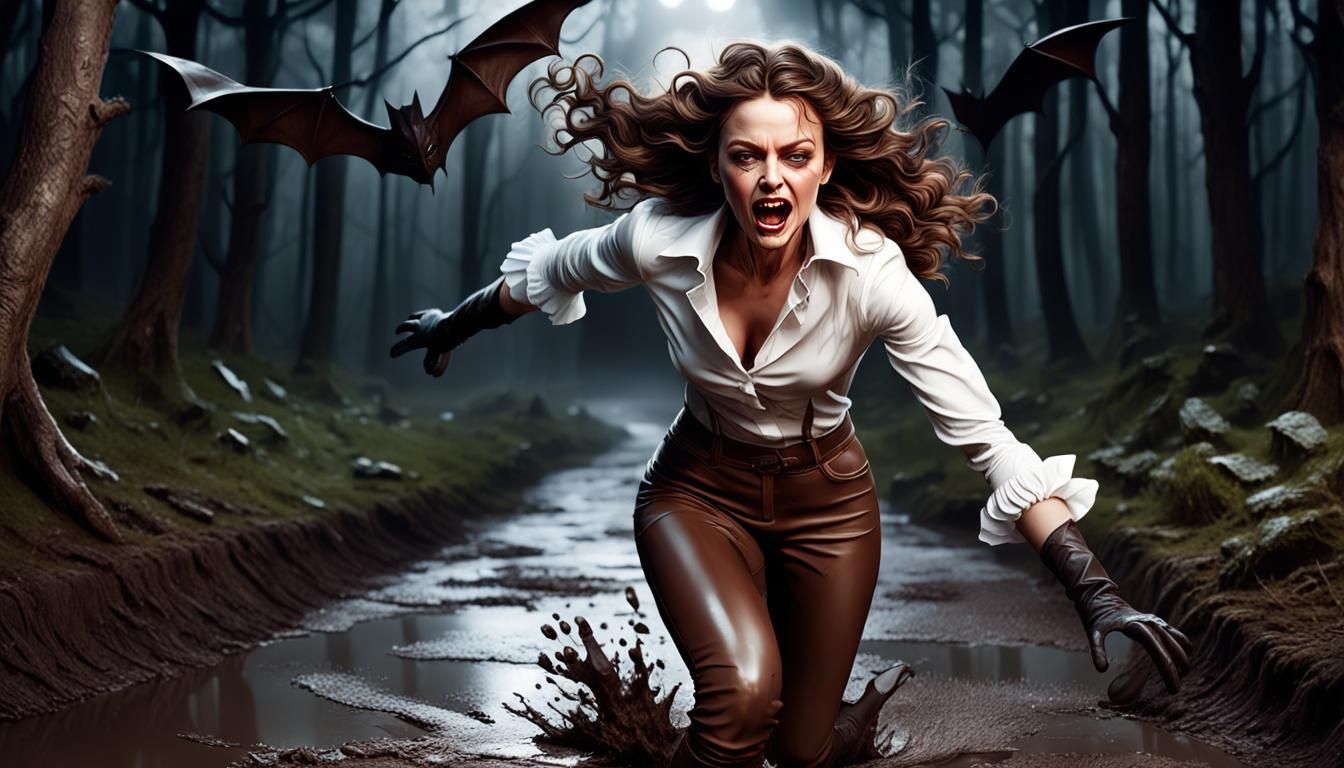 Frightened Woman Runs Through Dark Forest at Night