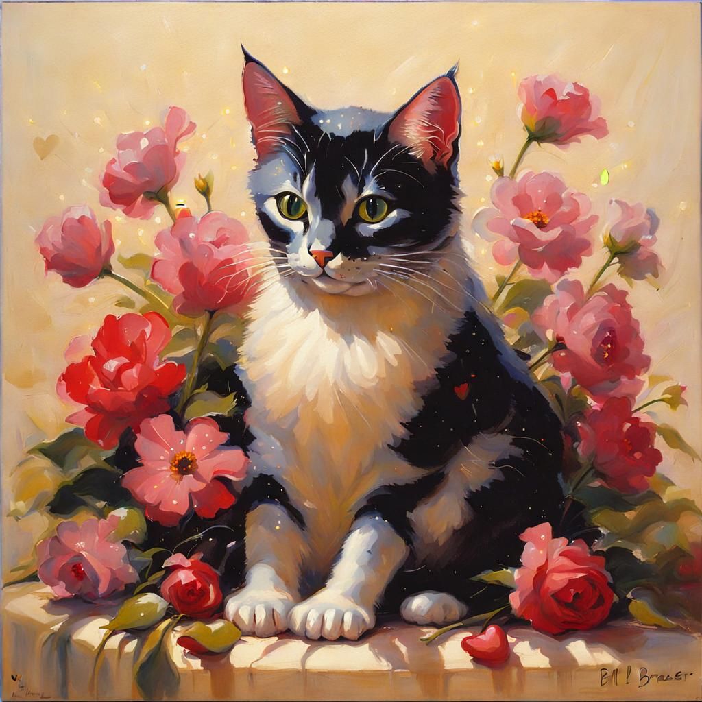 Cat on Pillow with Flowers in Romantic Realism Style