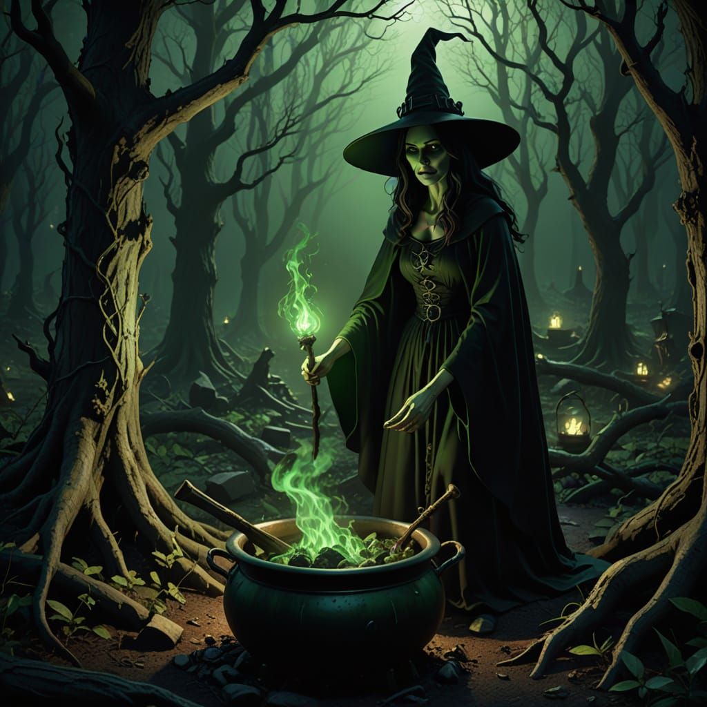 Gothic Witch Brewing Potion in Eerie Forest