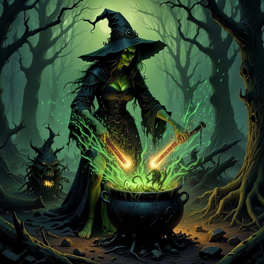 Terrifying Witch Brews Cauldron in Mystical Forest Clearing
