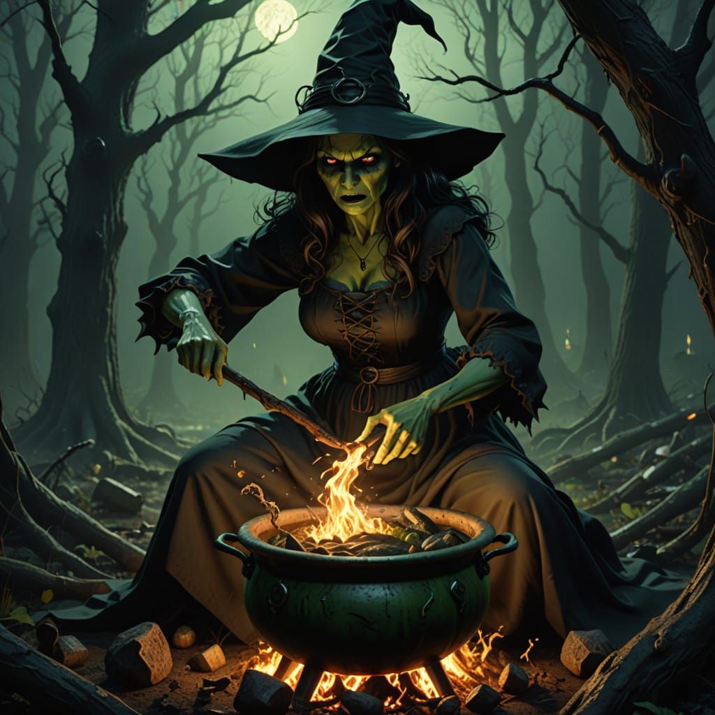 Witch Brewing Potion in Eerie Forest Clearing