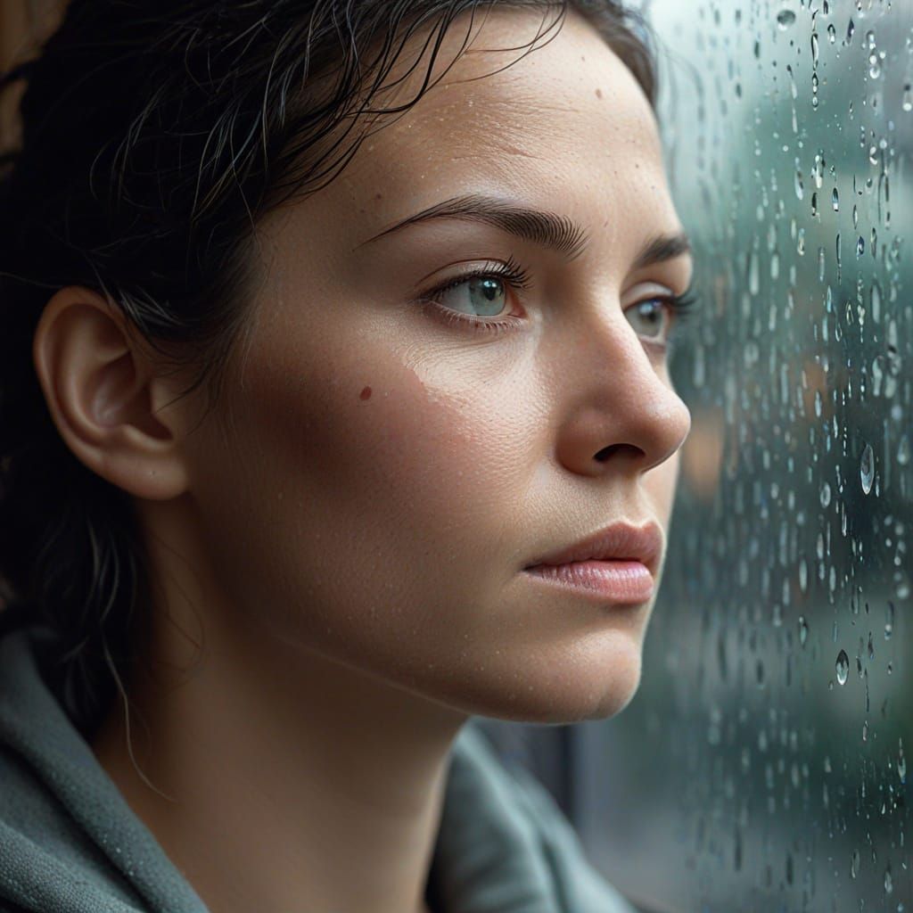 Woman Gazing Through Rainy Window: Realistic Portrait