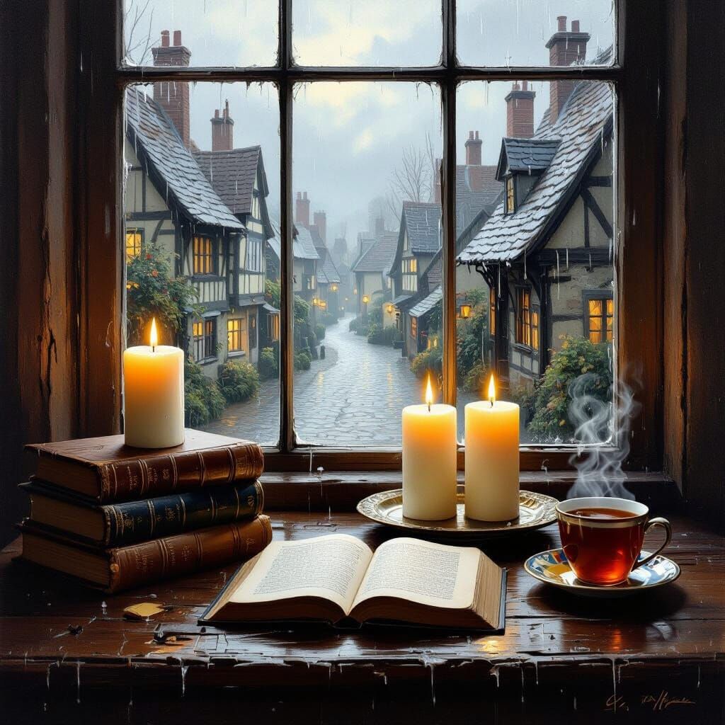 Cozy Rainy Day Reading Scene with Candles and Tea