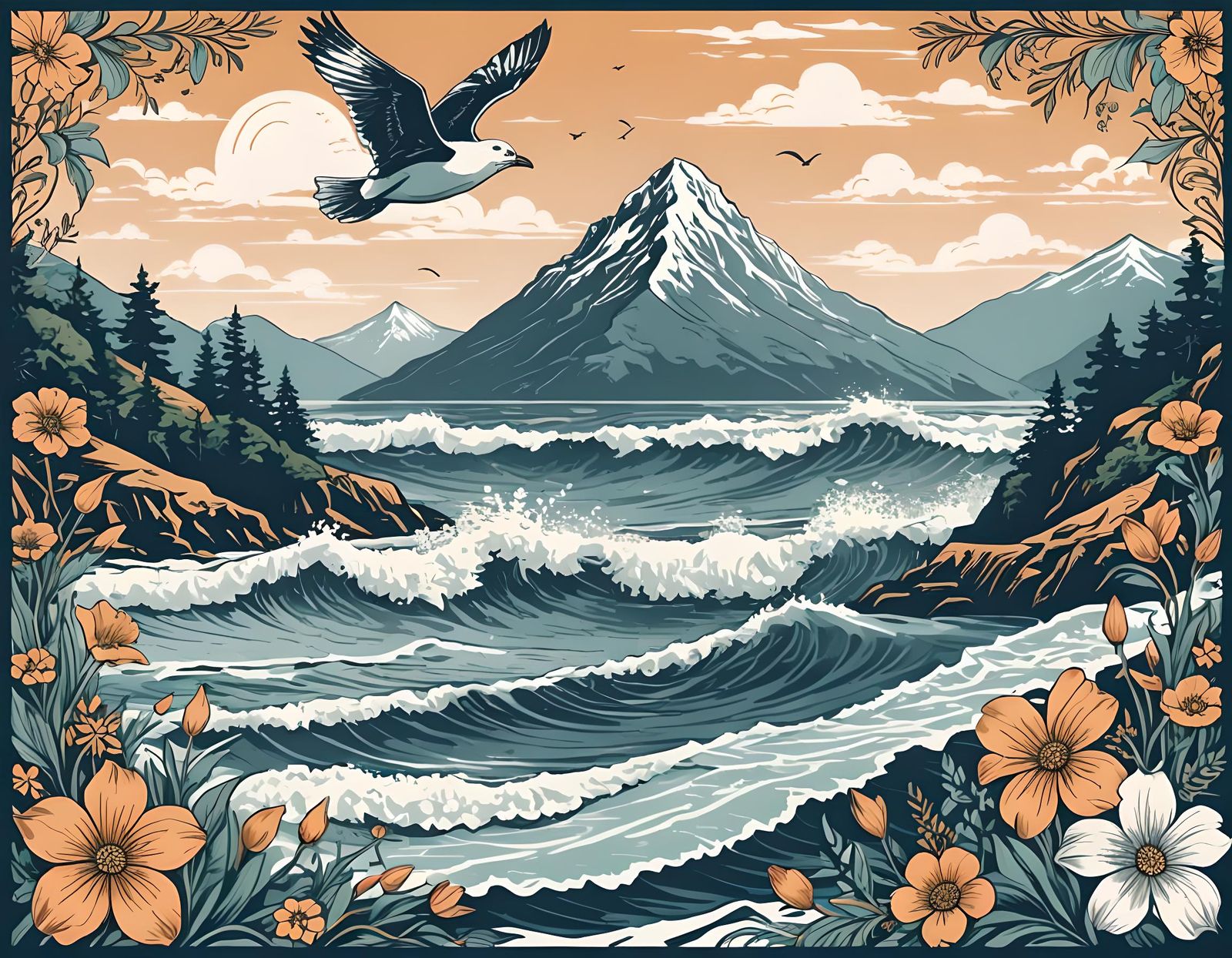 Majestic Mountain Landscape with Floral Beach Design