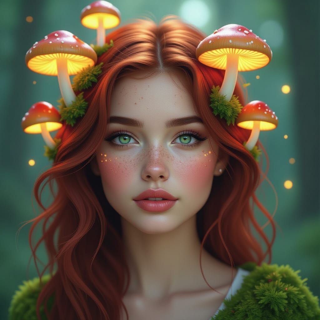 Serene Woman With Glowing Mushrooms In Red Hair