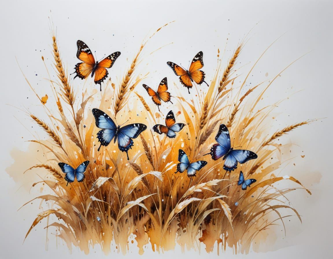 Butterflies Dance Over Golden Wheat Field in Watercolour Sty...