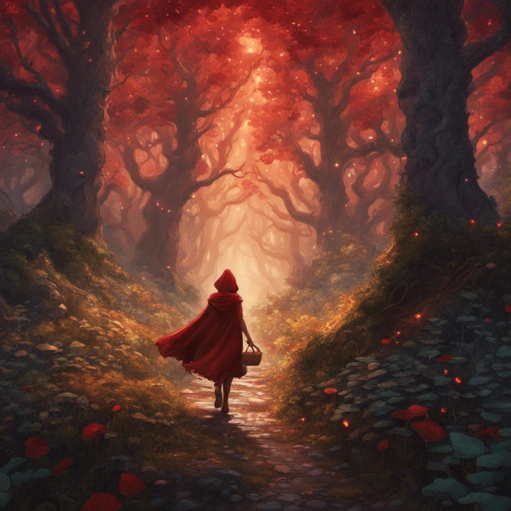 Red Riding Hood in Enchanted Forest, Alphonse Mucha Style