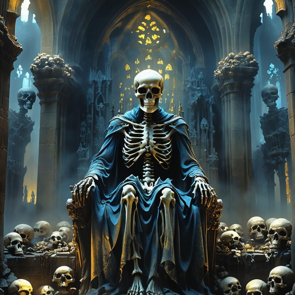 Skeletal Spirit on Skull Throne in Beksiński Style