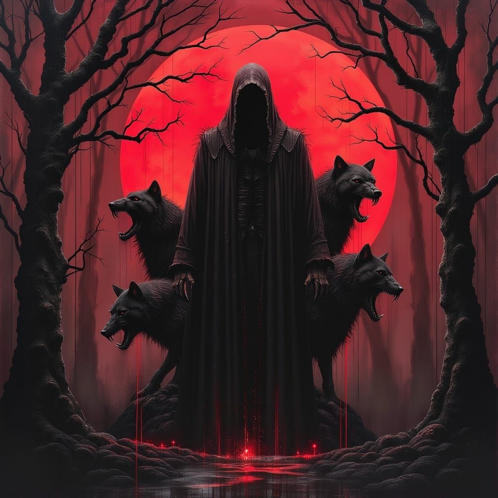 Grim Reaper in Dark Fantasy Aesthetic with Hellwolves