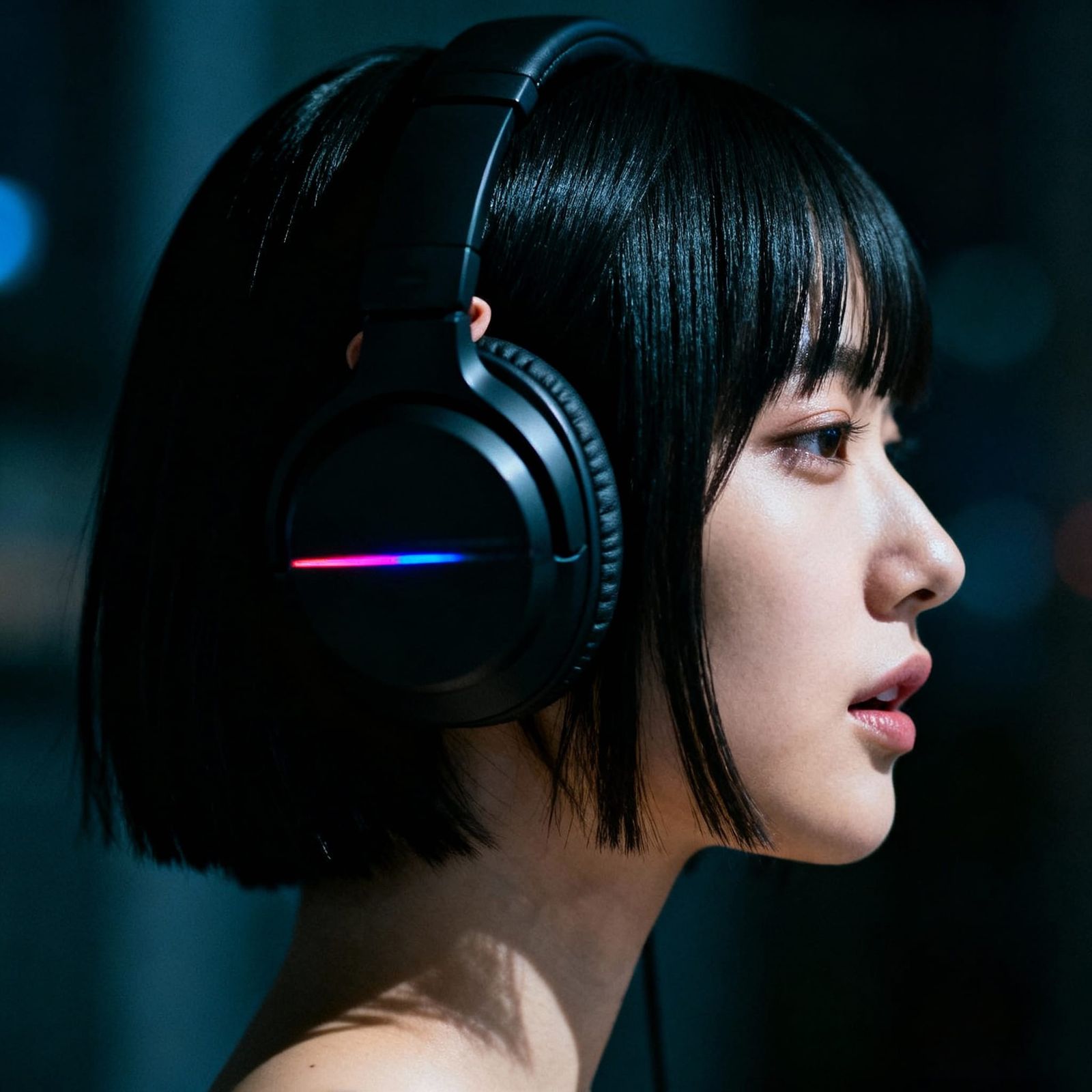 Pensive Woman with Jet-Black Hair Wearing Studio Headphones