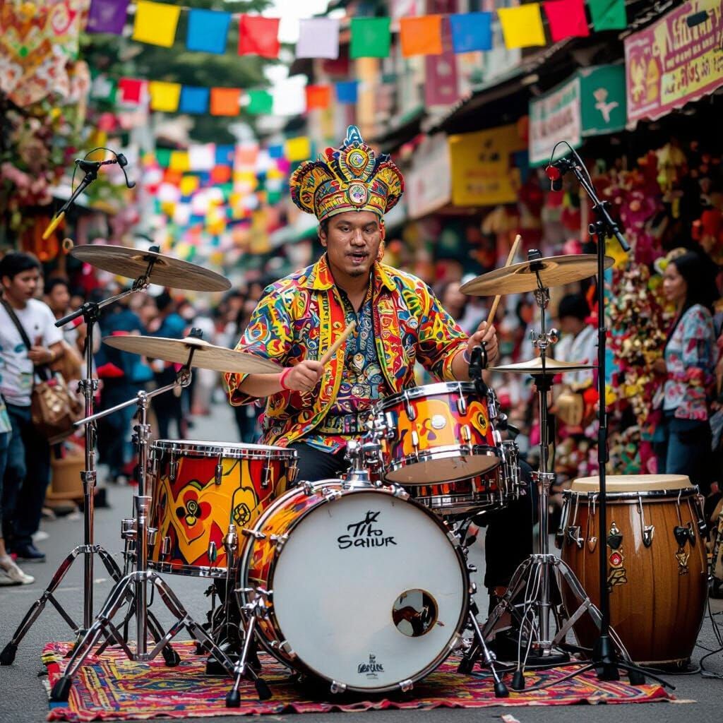 Dynamic Indonesian Drummer at Street Festival