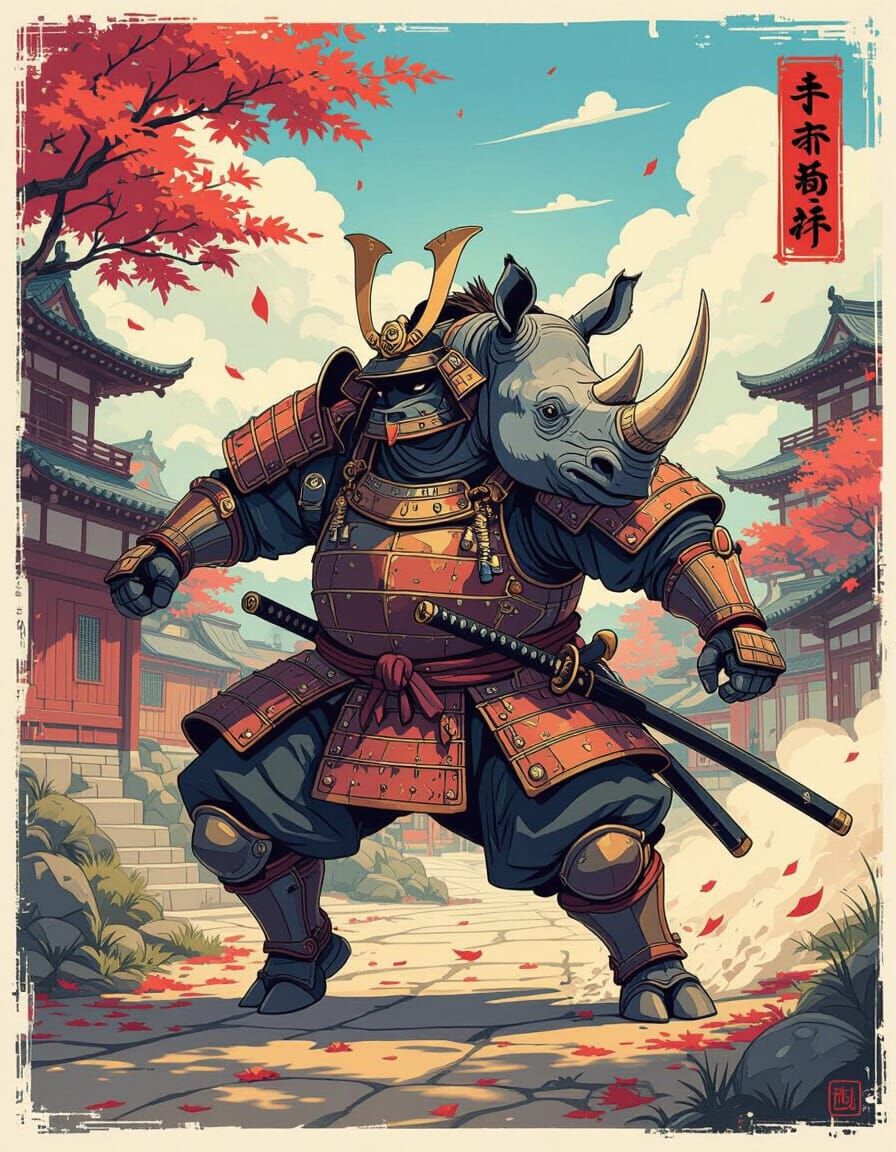 Epic Rhino Samurai in Edo Japan, Cel-Shaded Style
