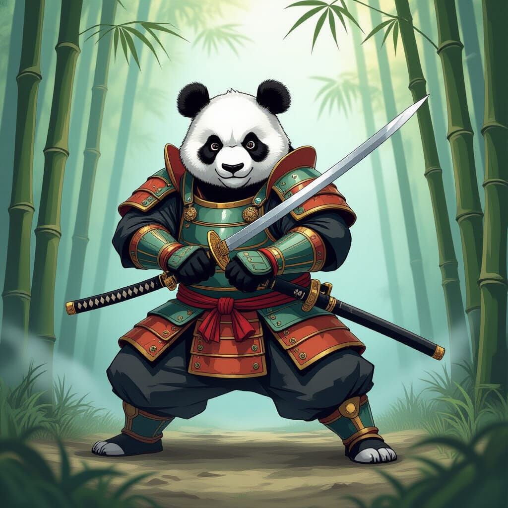 Samurai Panda Training in Misty Bamboo Forest