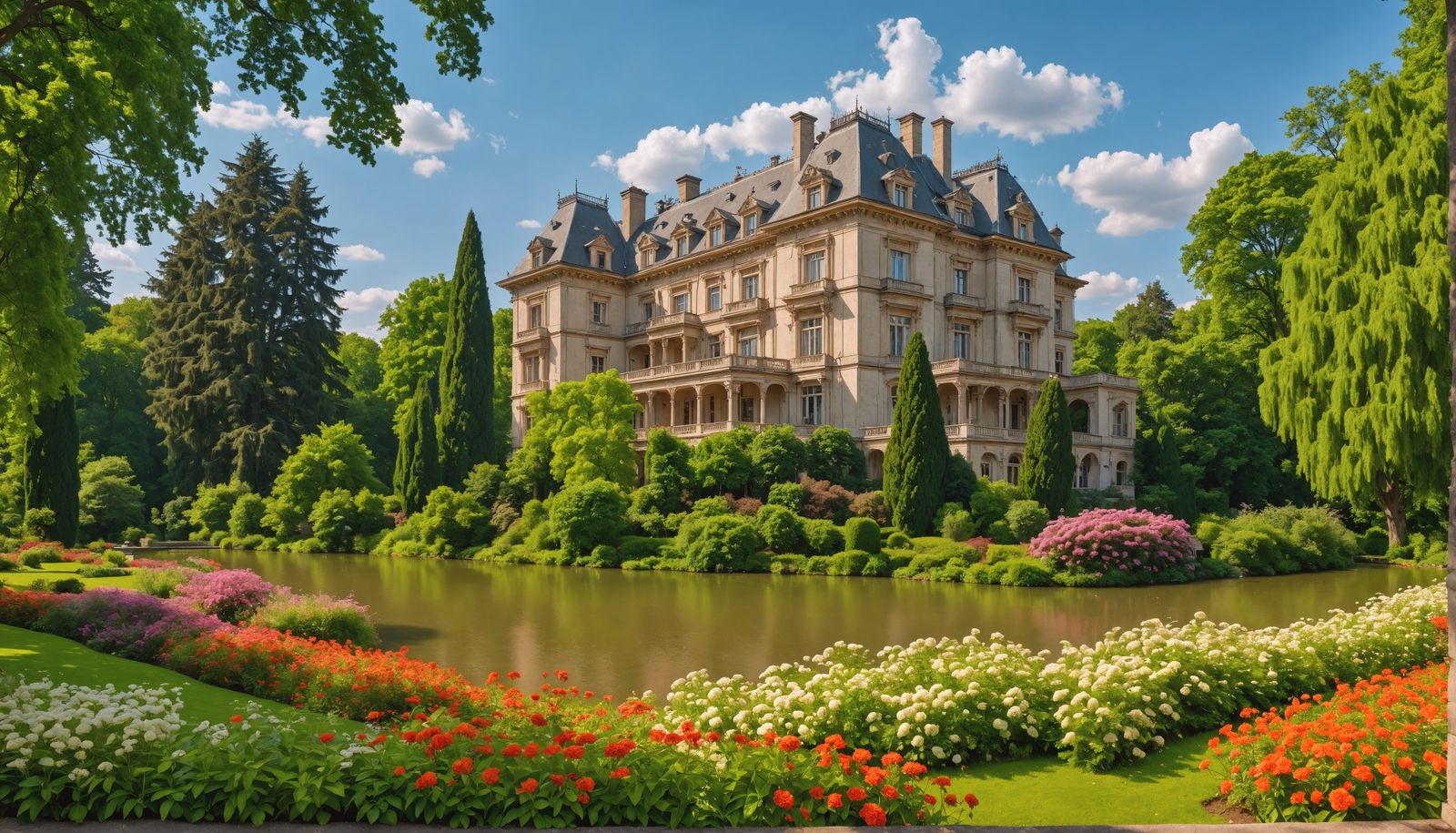 Riverside Mansion in Garden Park: Hyperrealistic HDR Photo