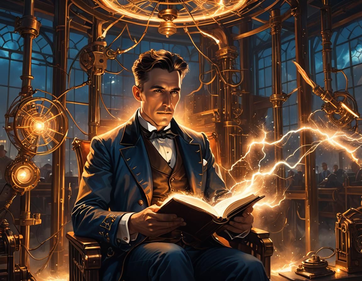 Tesla in Steampunk Cage Reading During Electrical Storm
