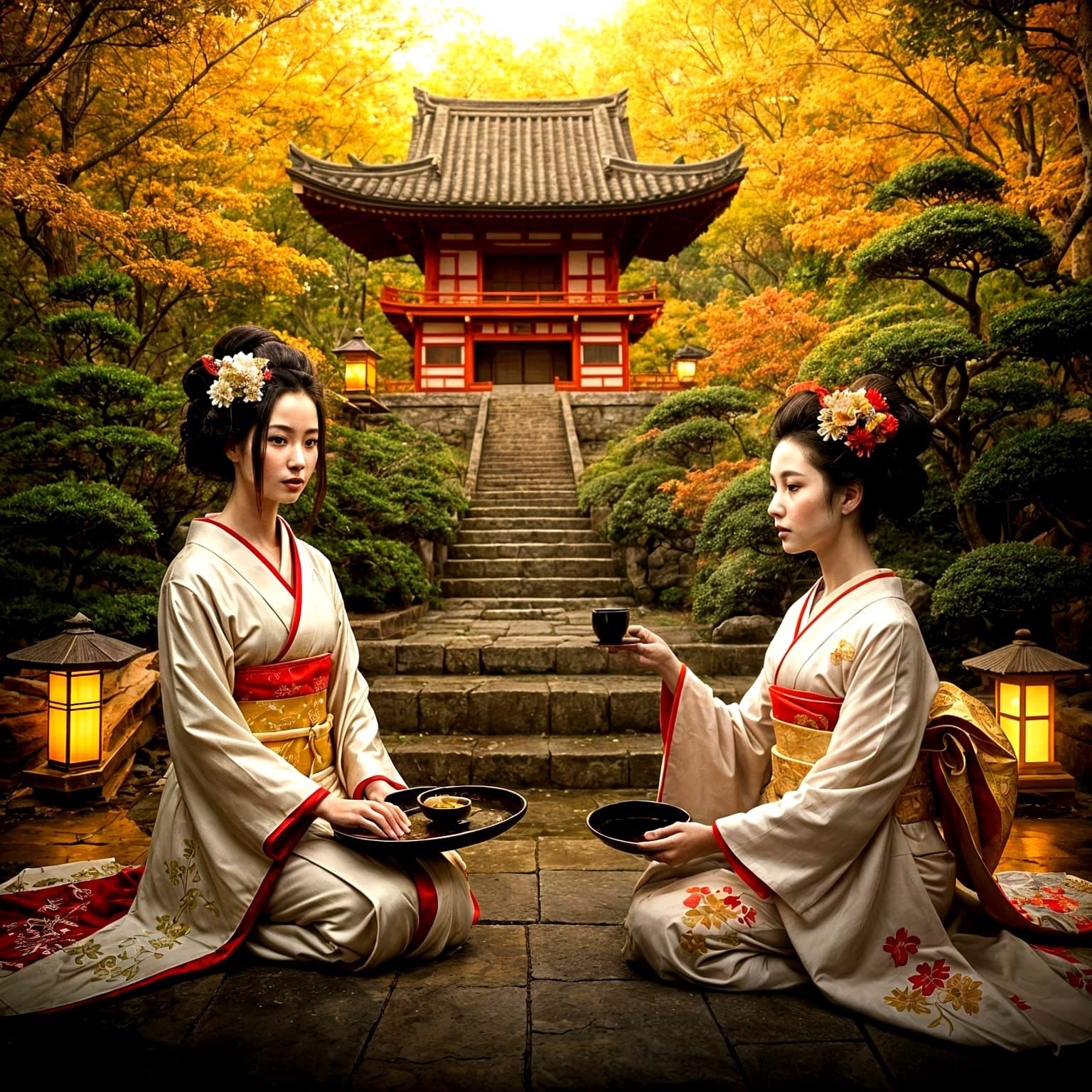 Elegant Geisha Women in Traditional Attire, Tea Ceremony in ...