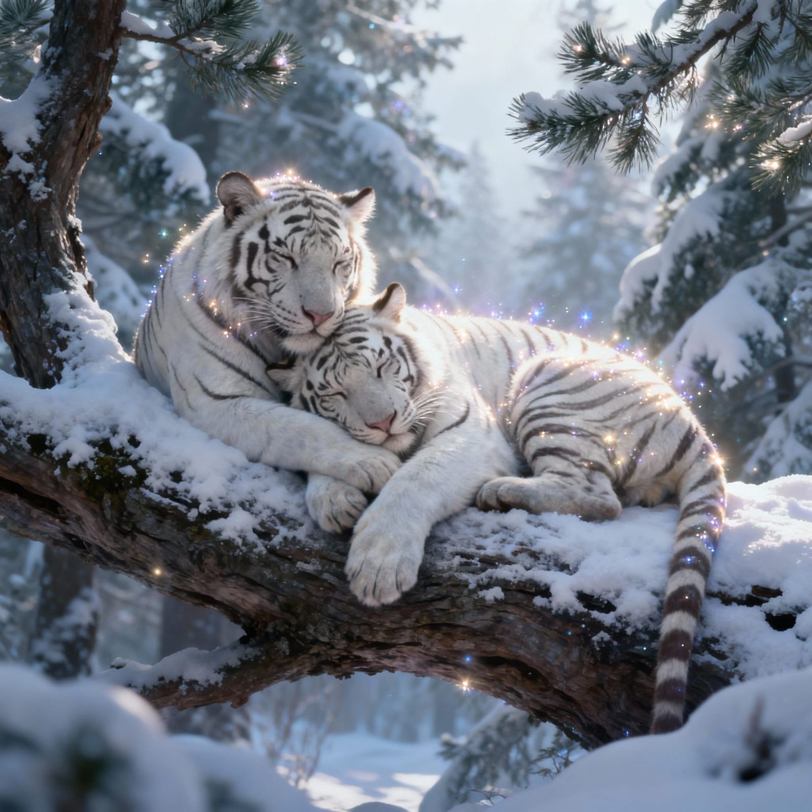Two White Tigers Snuggling in Ethereal Snowscape