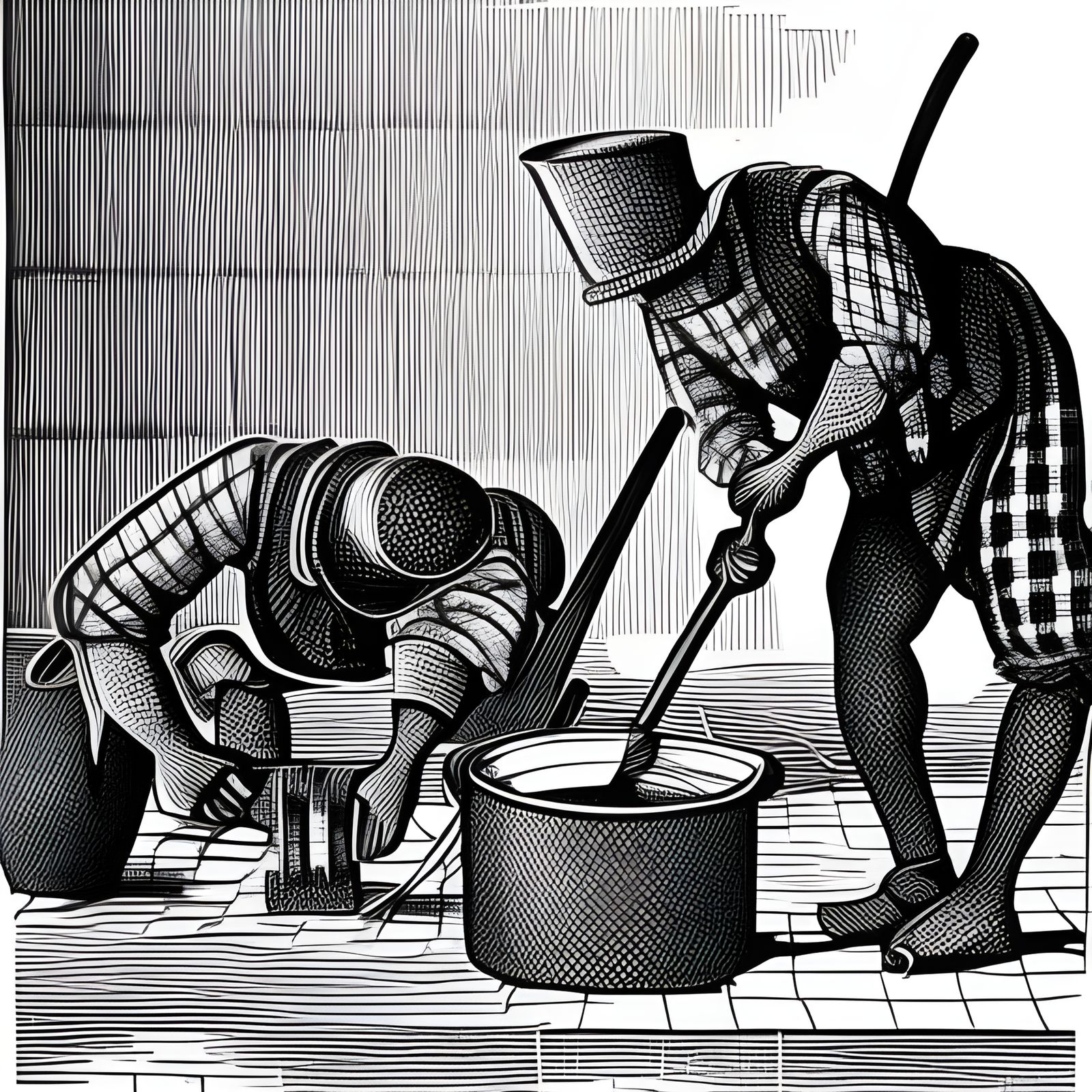 Checkered Workers Forging Wheel in Linocut Style
