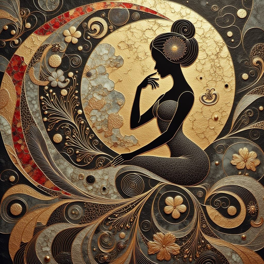 Abstract Layered Vintage (((surreal dreamscape))), golden zentangles lady <lora:Cloisonne:1.0>