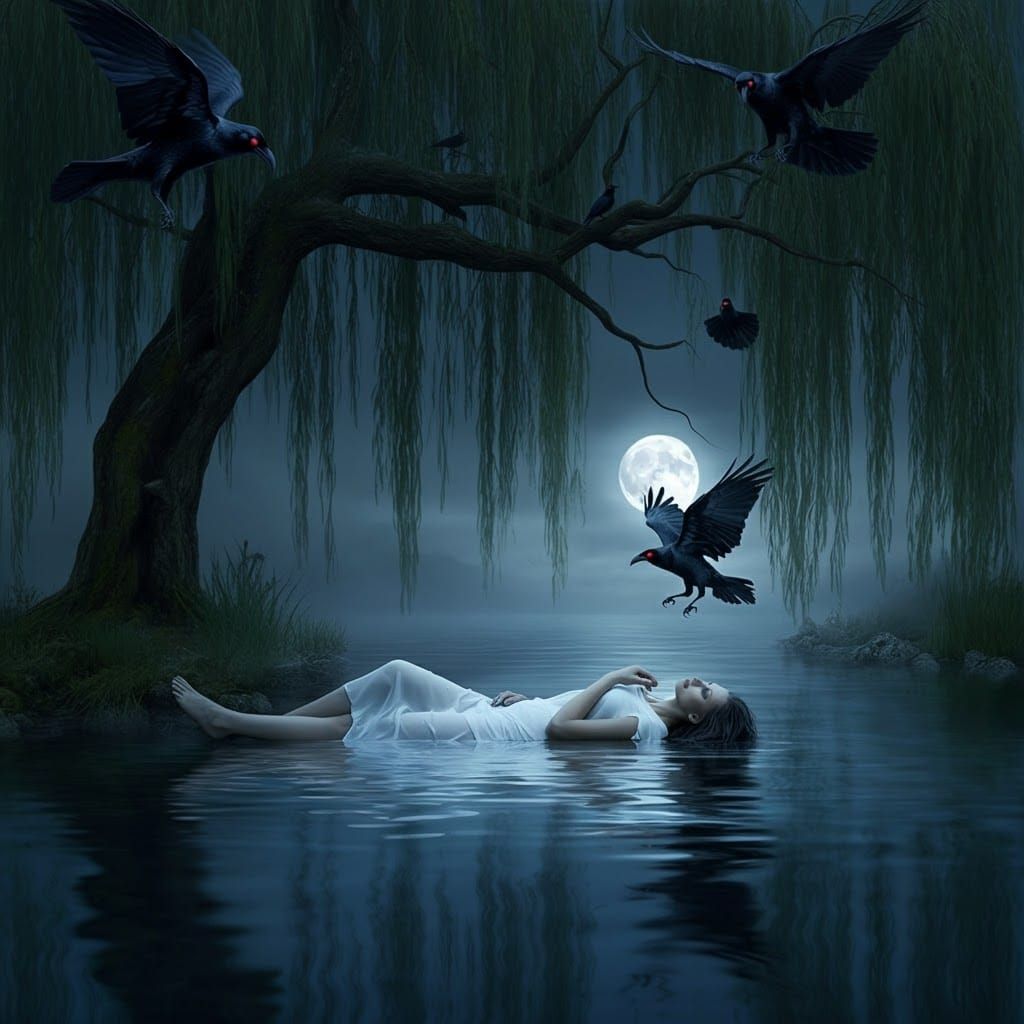 Woman Underwater with Moon Reflection and Ravens