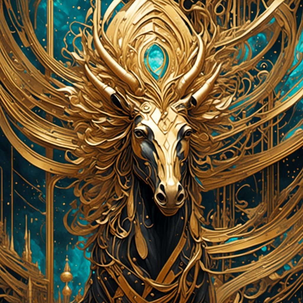 Gilded Architecture with Black Unicorn in Gildpunk Style