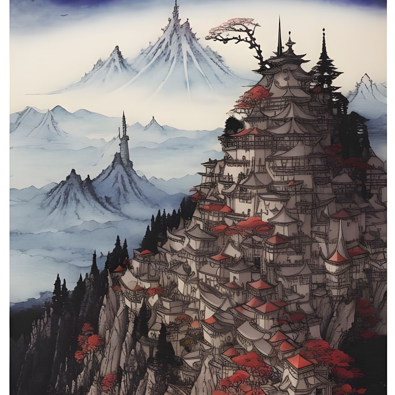 Mountain City in Ink Art Style