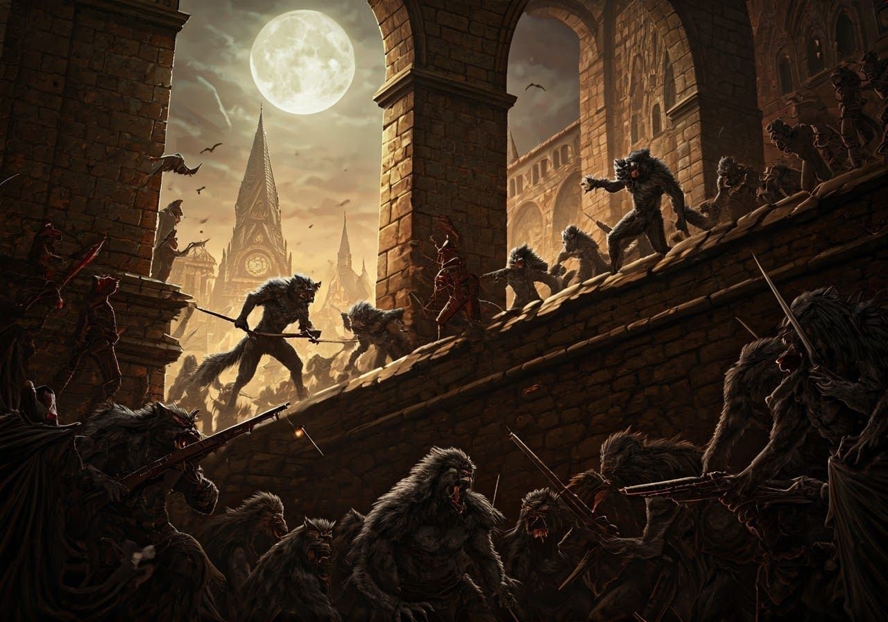 Vampire-Werewolf War on Castle Ramparts as Oil Painting