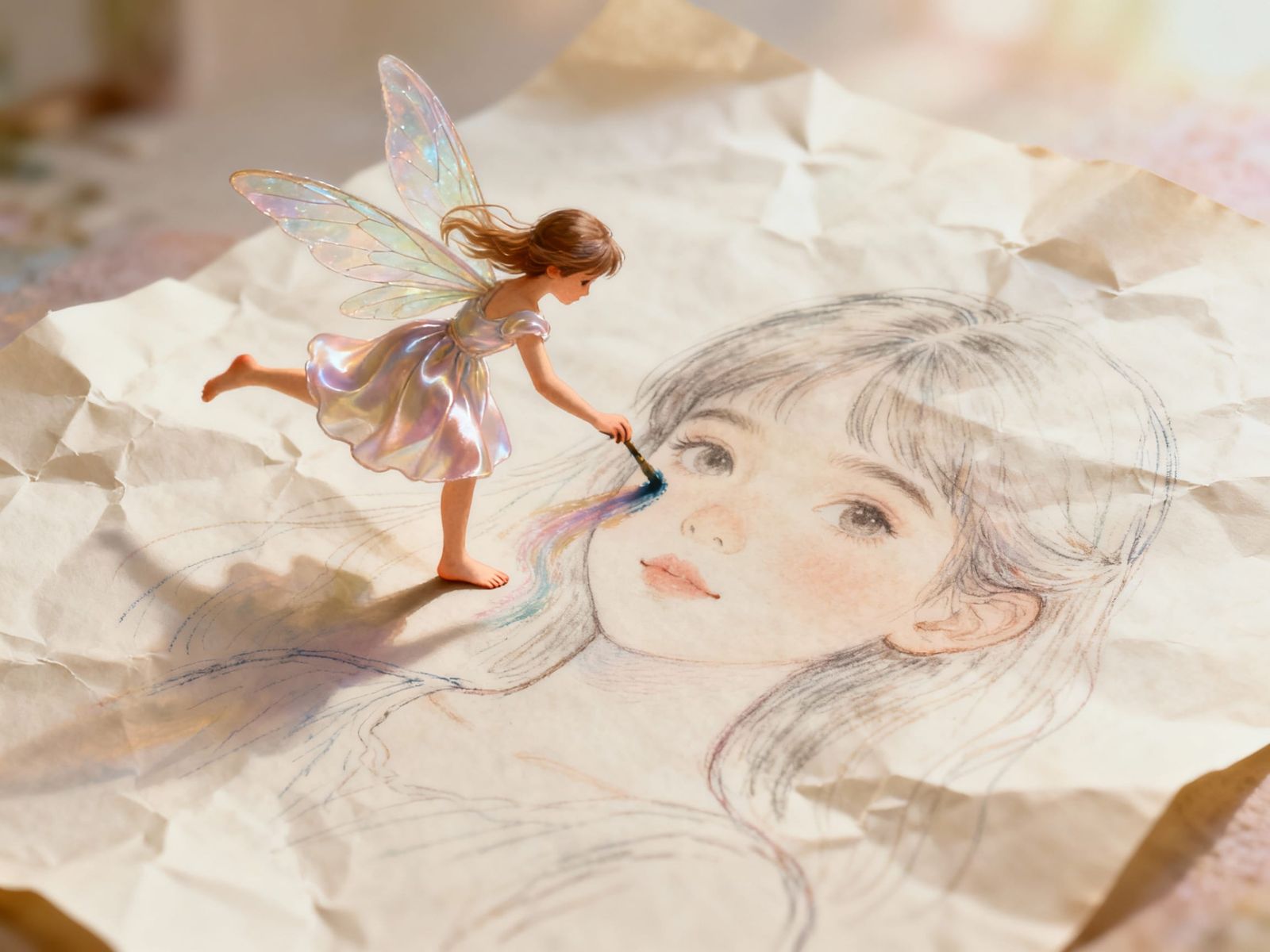 Miniature Fairy Draws Girl's Portrait with Paint on Feet