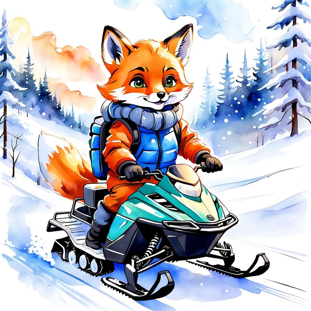Fox Rides Snowmobile in Winter Landscape, Watercolor