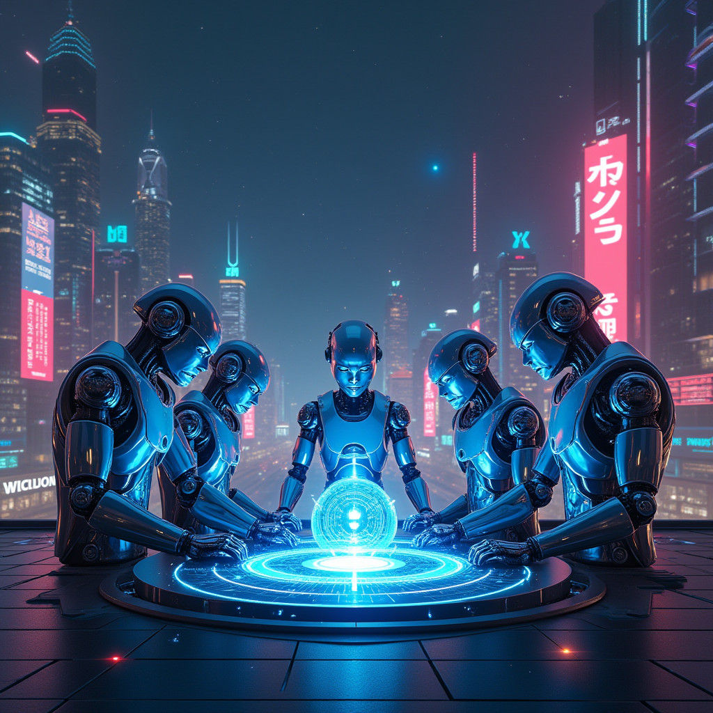 Neon Metropolis: Robots Analyze AI in Cyberpunk Style