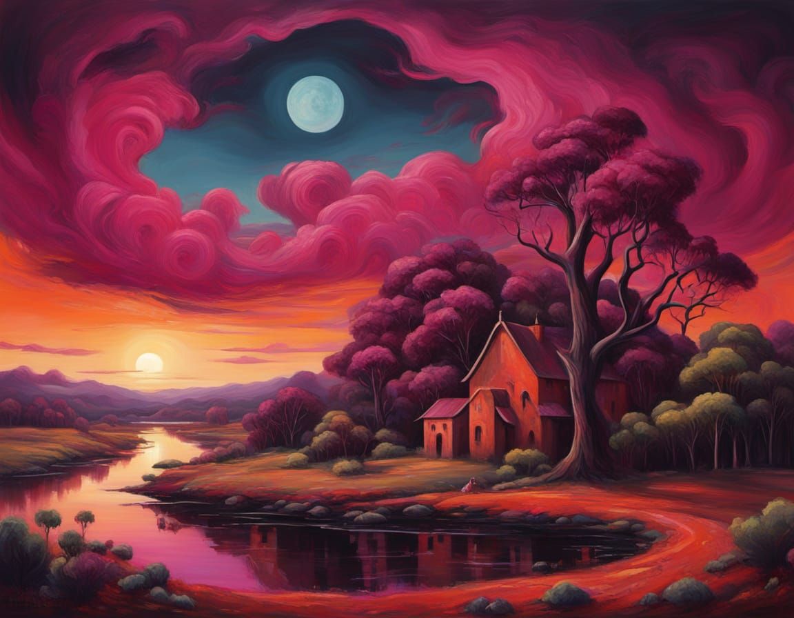 Medieval Mythic Panorama in Vermilion and Magenta