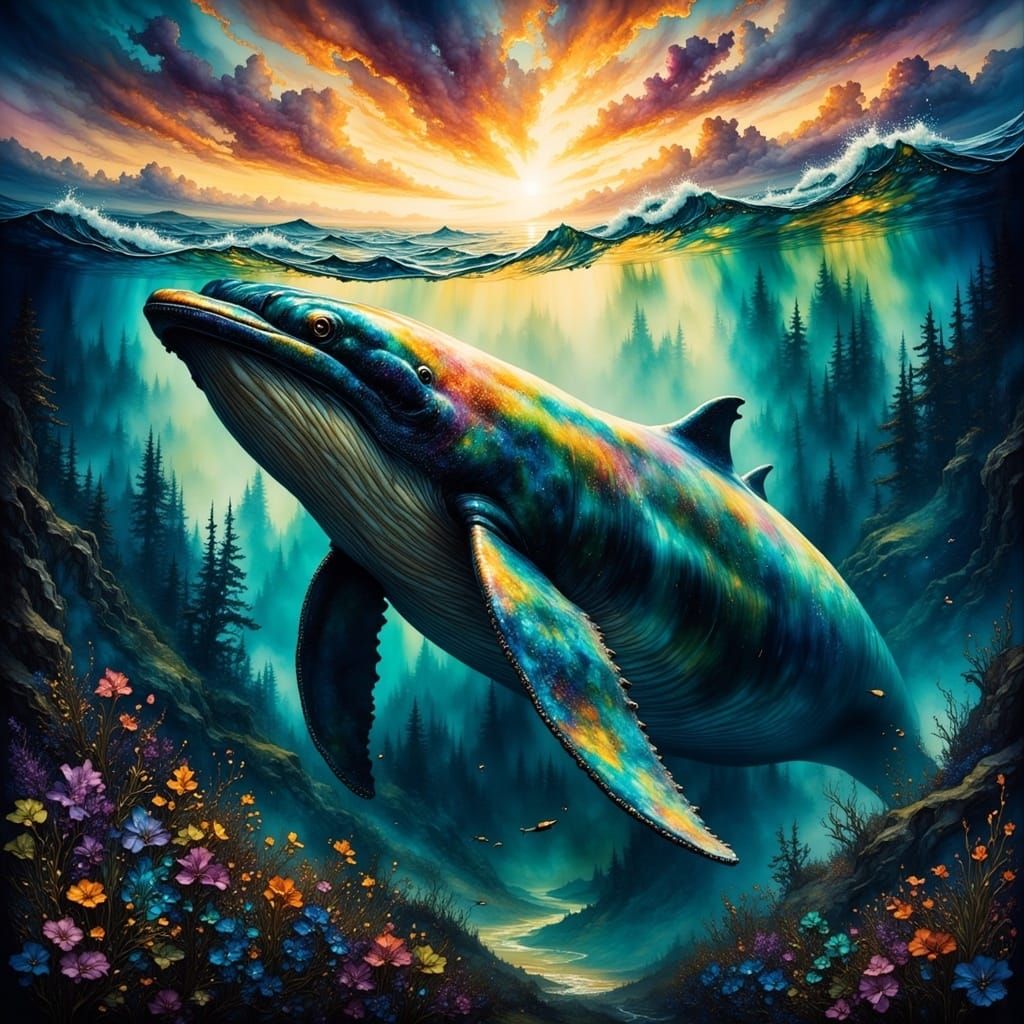 Rainbow Whales in Cinematic Style