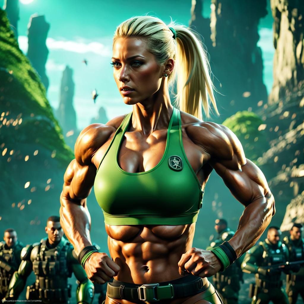 Cassie Cage showing off her muscles to male soldiers in the ...
