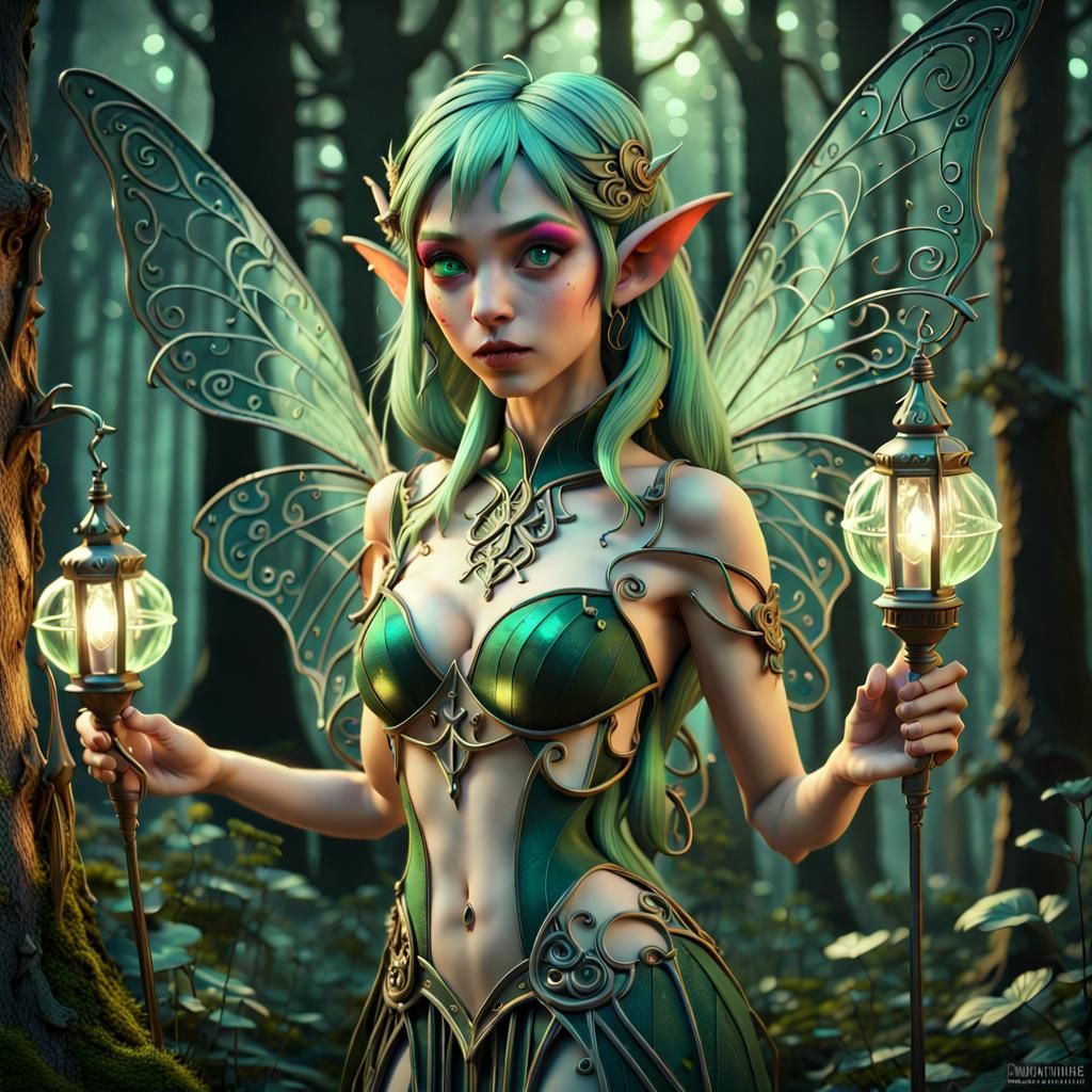 Elf woman with green hair and a fairy costume casting spells in the woods