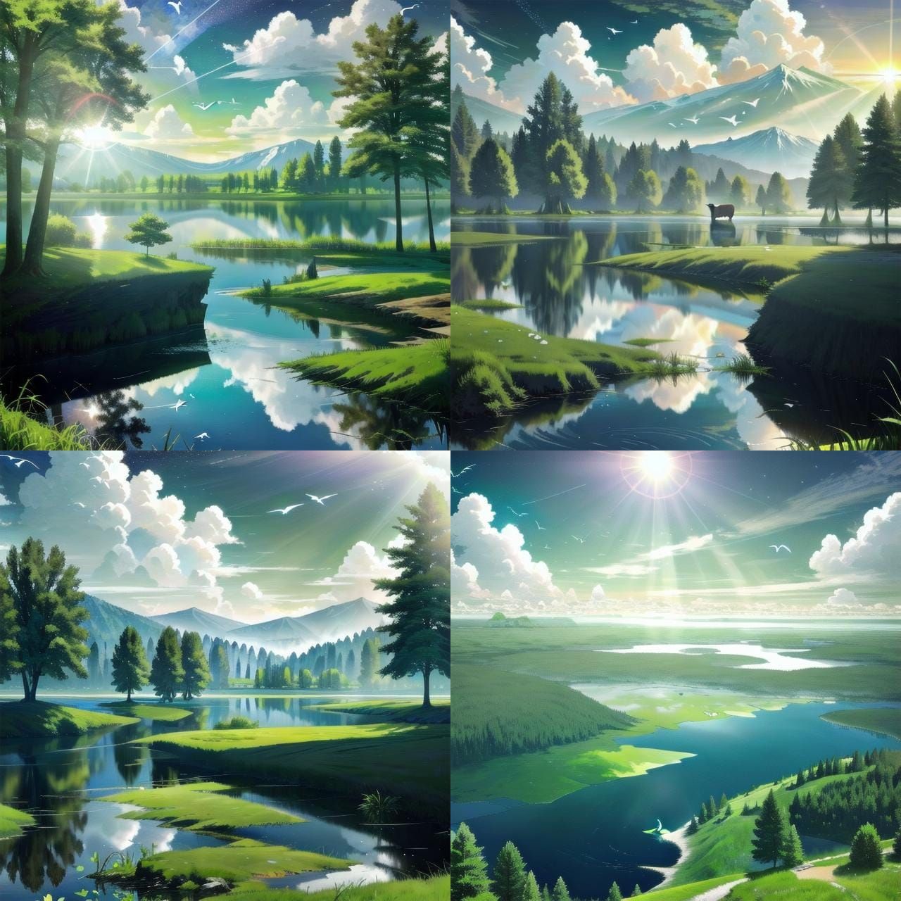 Hyperrealistic Summer Landscape with Swans and Deer