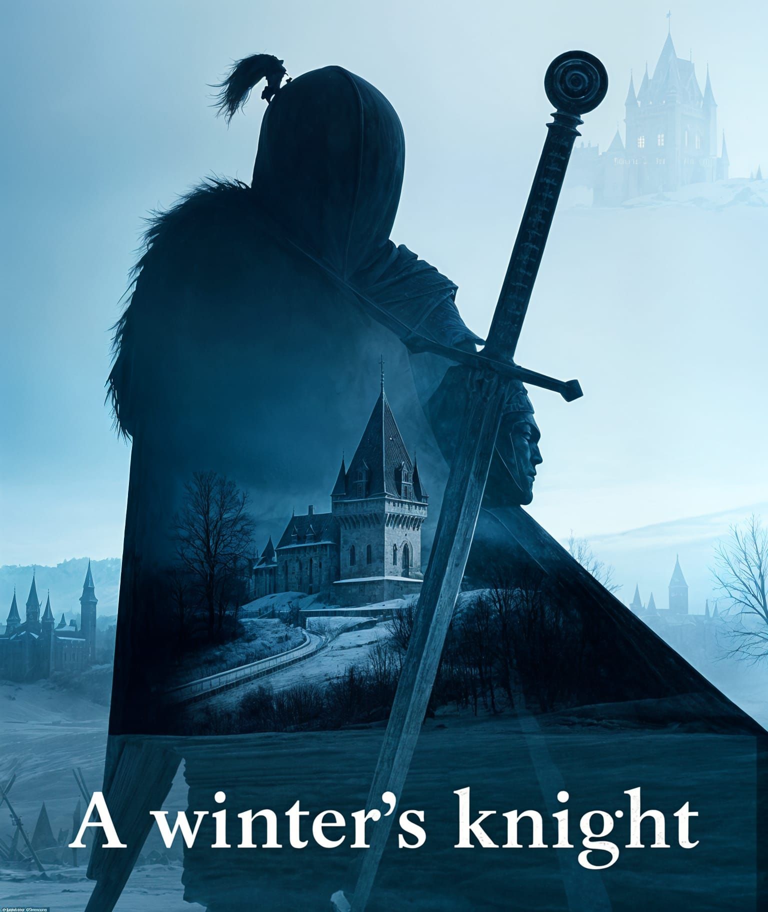 Silhouette of a Weary Knight in Winter Landscape