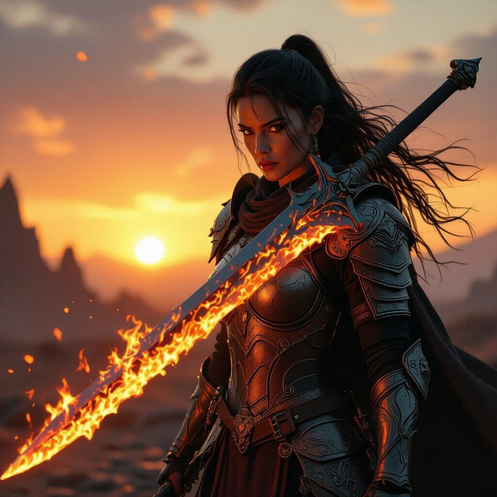 Fantasy Warrior with Molten Sword in Golden Sunset