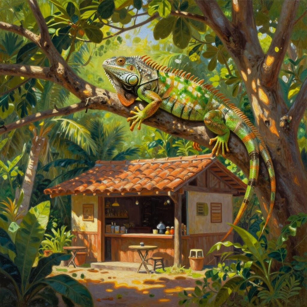 Serene Tropical Scene with Iguana and Cantina Oil Painting