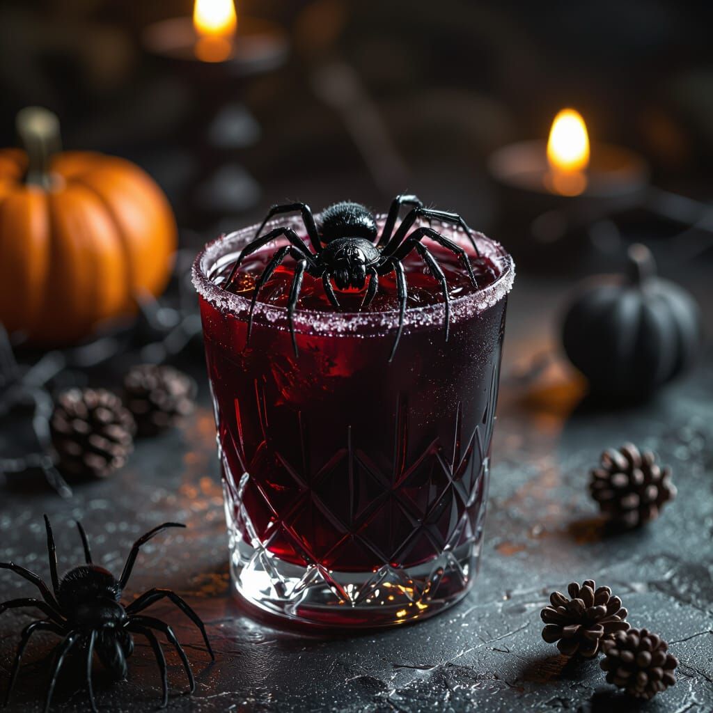 Black Widow Cocktail with Spider, Gothic Halloween Ambiance
