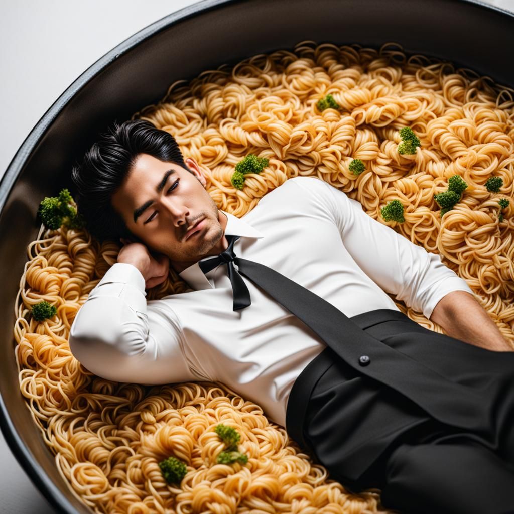 Gorgeous Man in Ramen Tub: A Surreal Portrait