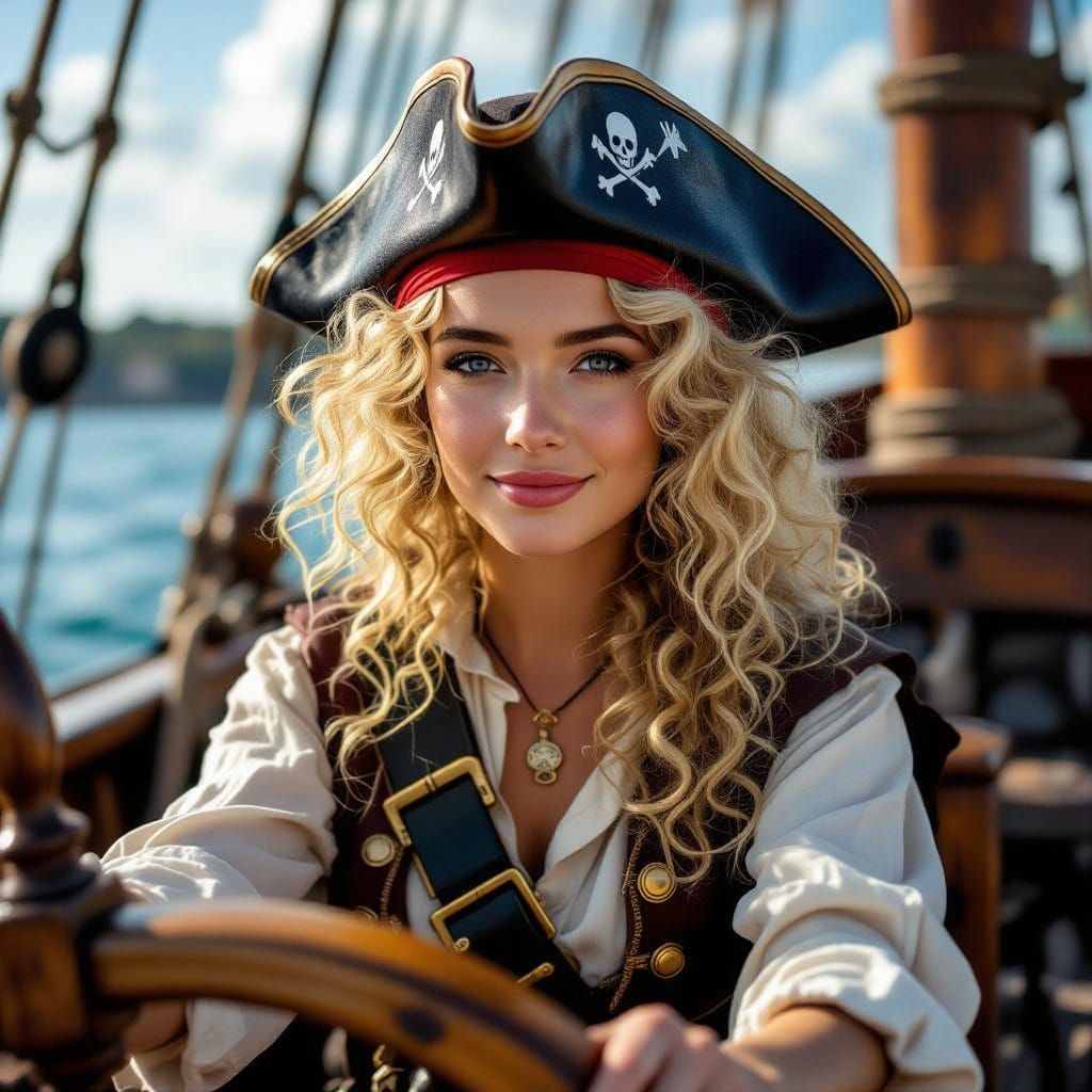 Curly-Haired Pirate Maiden at the Helm