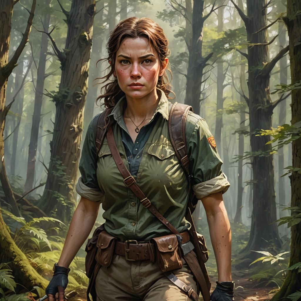 Female Adventurer Portrait in Forest, Photorealistic Paintin...