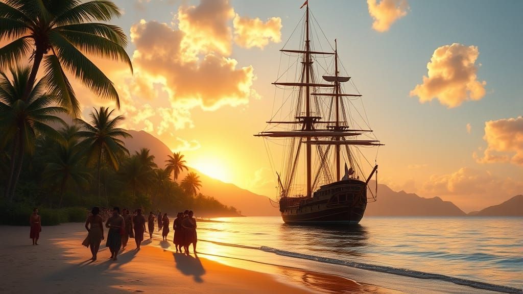 HMS Bounty Arrives in Tahiti at Sunrise, Romantic Realism