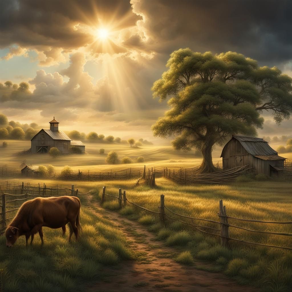 Ethereal Rural Farm Scenery in Digital Matte Painting