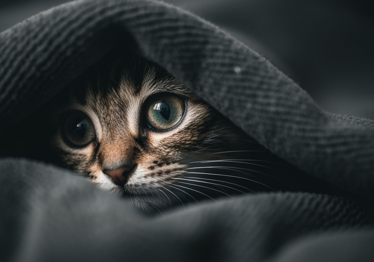Curious Kitty Peeking from Blanket in Cinematic Portrait