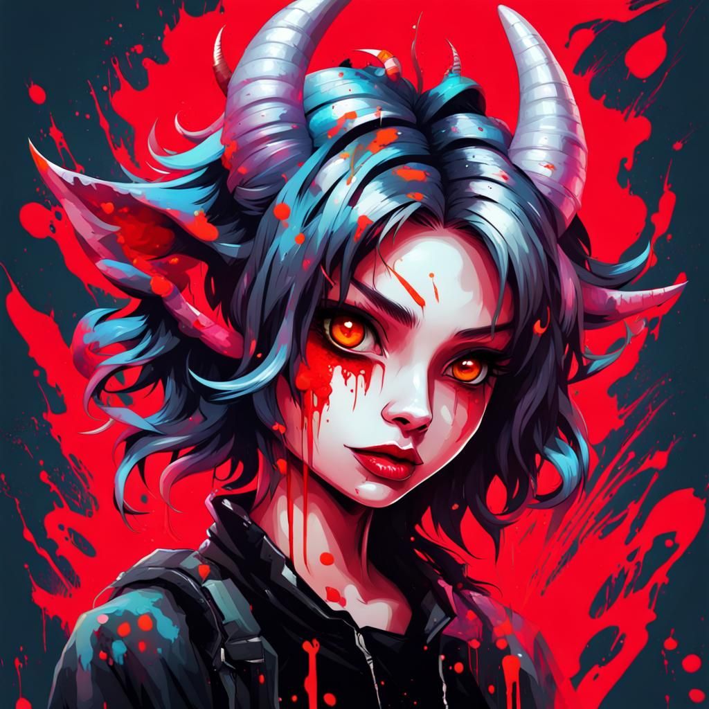 Cute Demon Girl with Horns in Graffiti Art Style