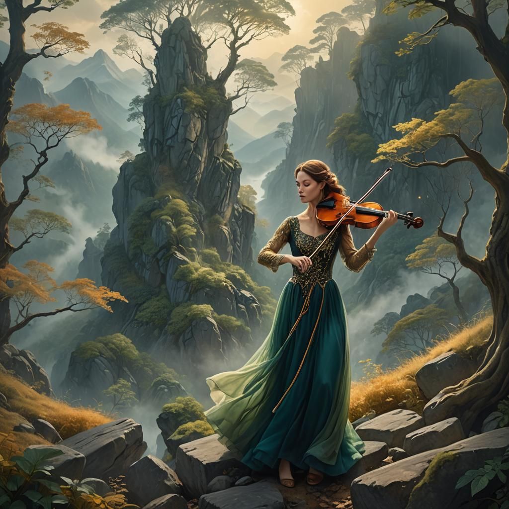 Woman Plays Violin in Misty Mountain Forest