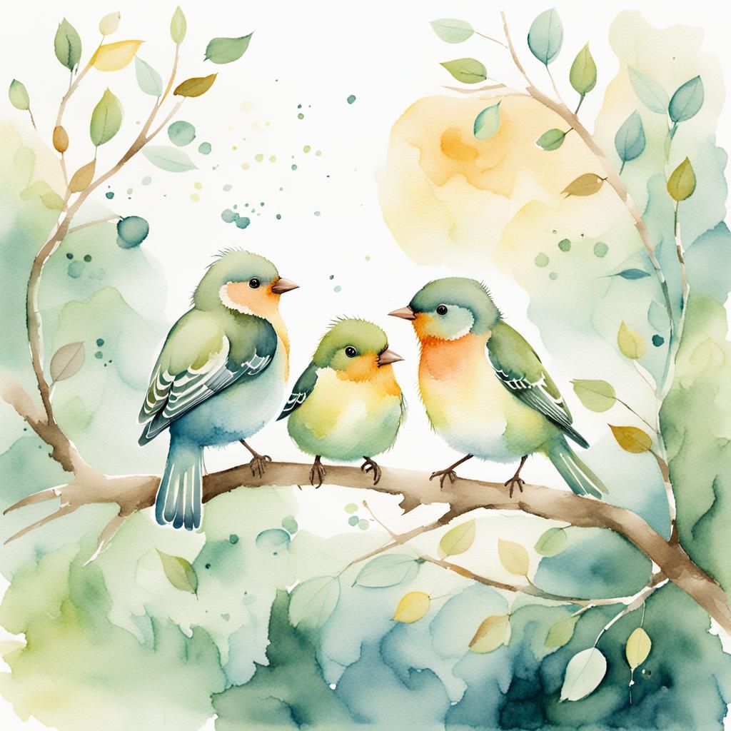 Birds Singing on Branch in Watercolour Style