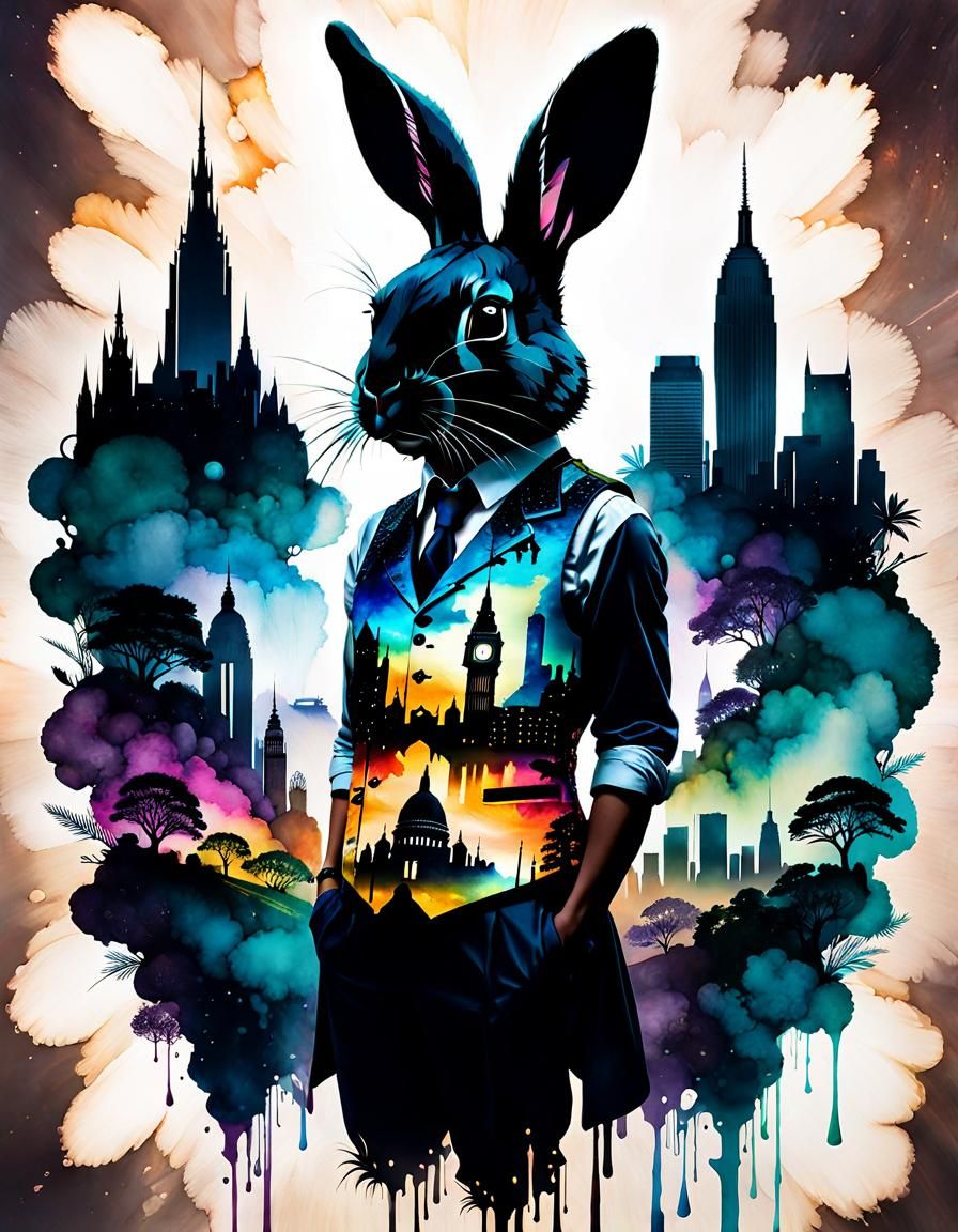Rabbit Silhouette and Landmarks in Double Exposure Art