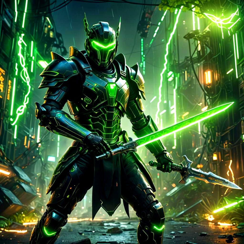 Cybernetic Warrior with Sword and Green Electricity